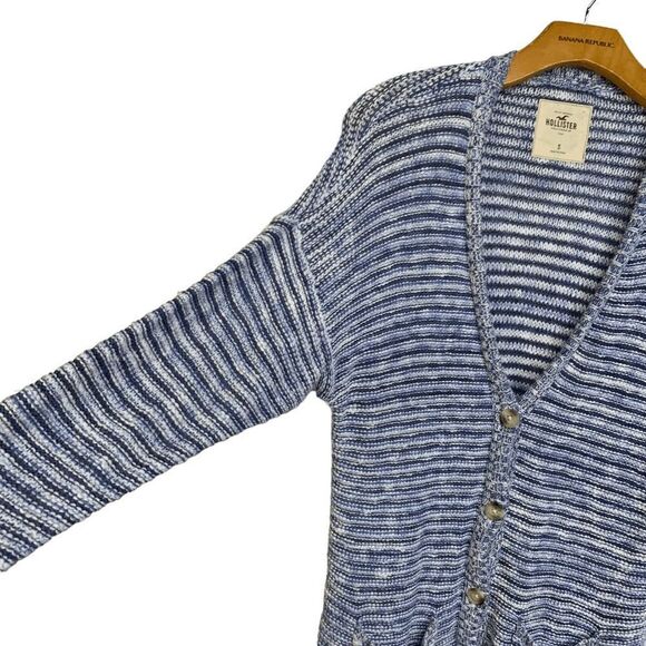 Hollister Womens sz Small denim blue white striped drop sleeve Cardigan sweater - Picture 4 of 12